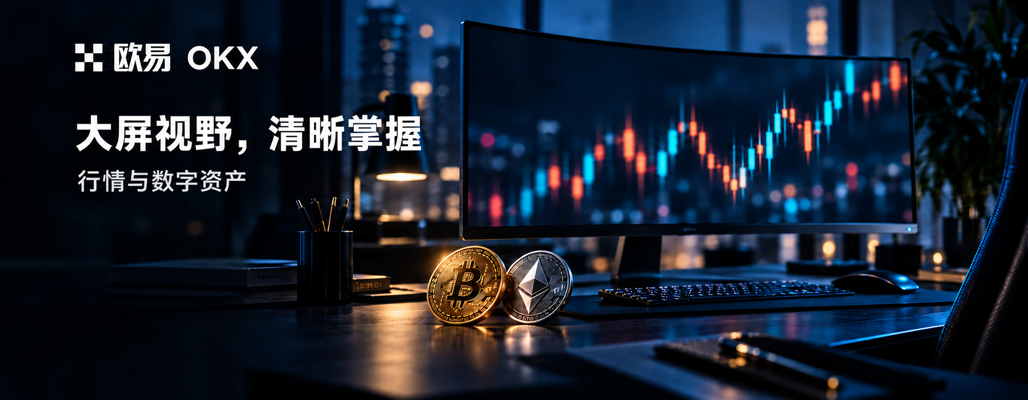 欧易 OKX，大屏视野，清晰掌握。桌面屏幕与艺术化行情图。